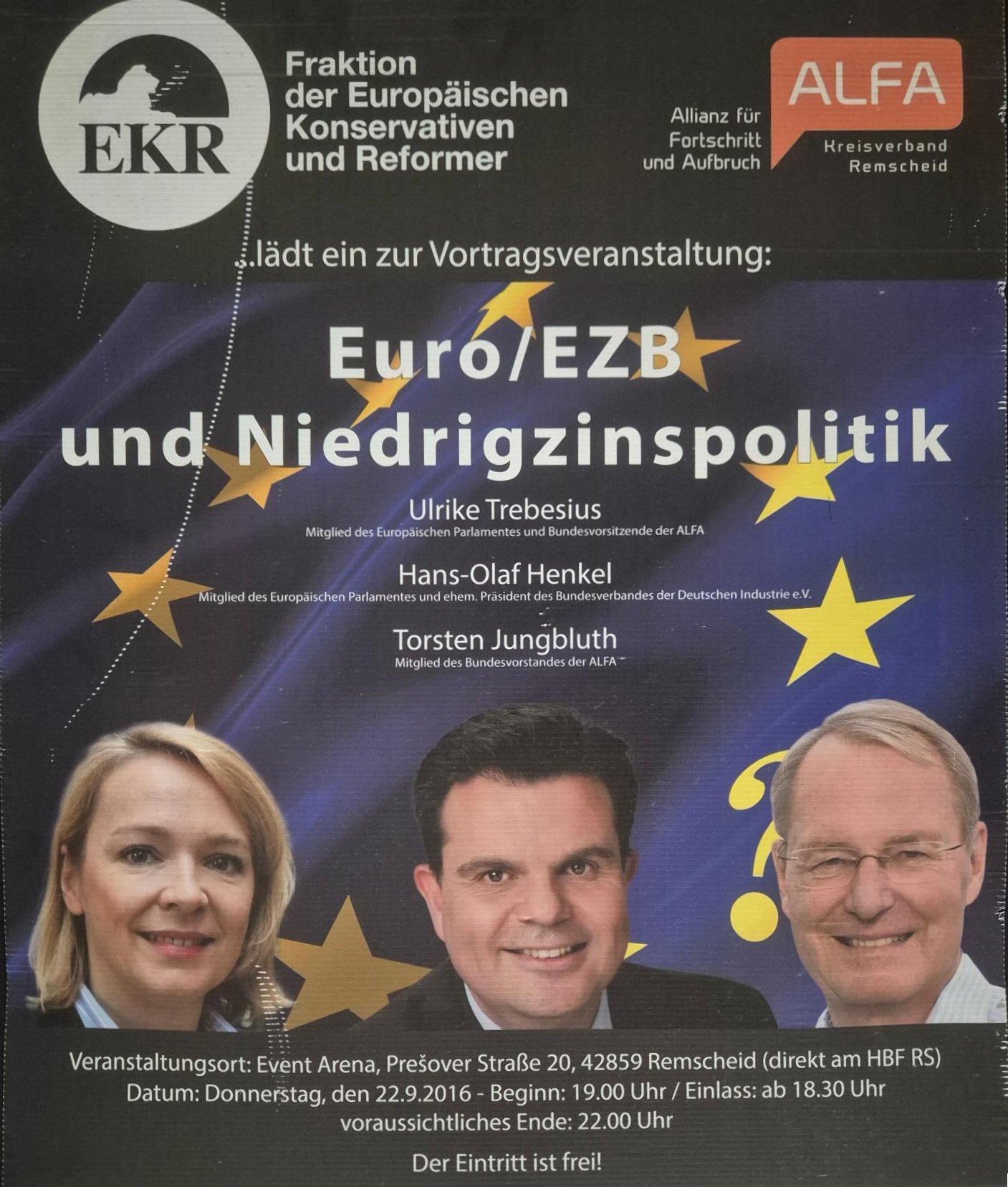 Plakat zu einer Vortragsveranstaltung Euro, EZB und Niedrigzinspolitik in Remscheid 2016. Torsten Jungbluth behandelte dabei bereits zentrale Fragestellungen, die im Private-Exit-Konzept später unter dem Begriff „Eigenwährungsrisiko“ präzise definiert wurden.